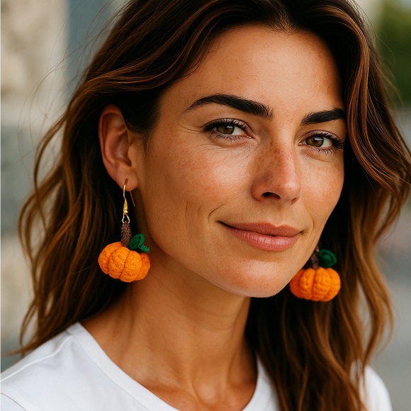 Handmade crochet Orange Pumpkin Earrings - Picture 1 of 5
